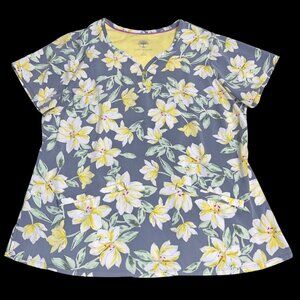 Healing Hands Purple Label Gray Yellow Floral Flower Scrub Top Shirt Sz Large